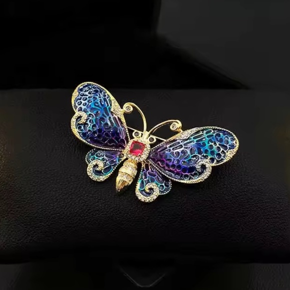 Anthropologie Luxury Elegant Blue Gold Butterfly Brooch - Picture 4 of 10